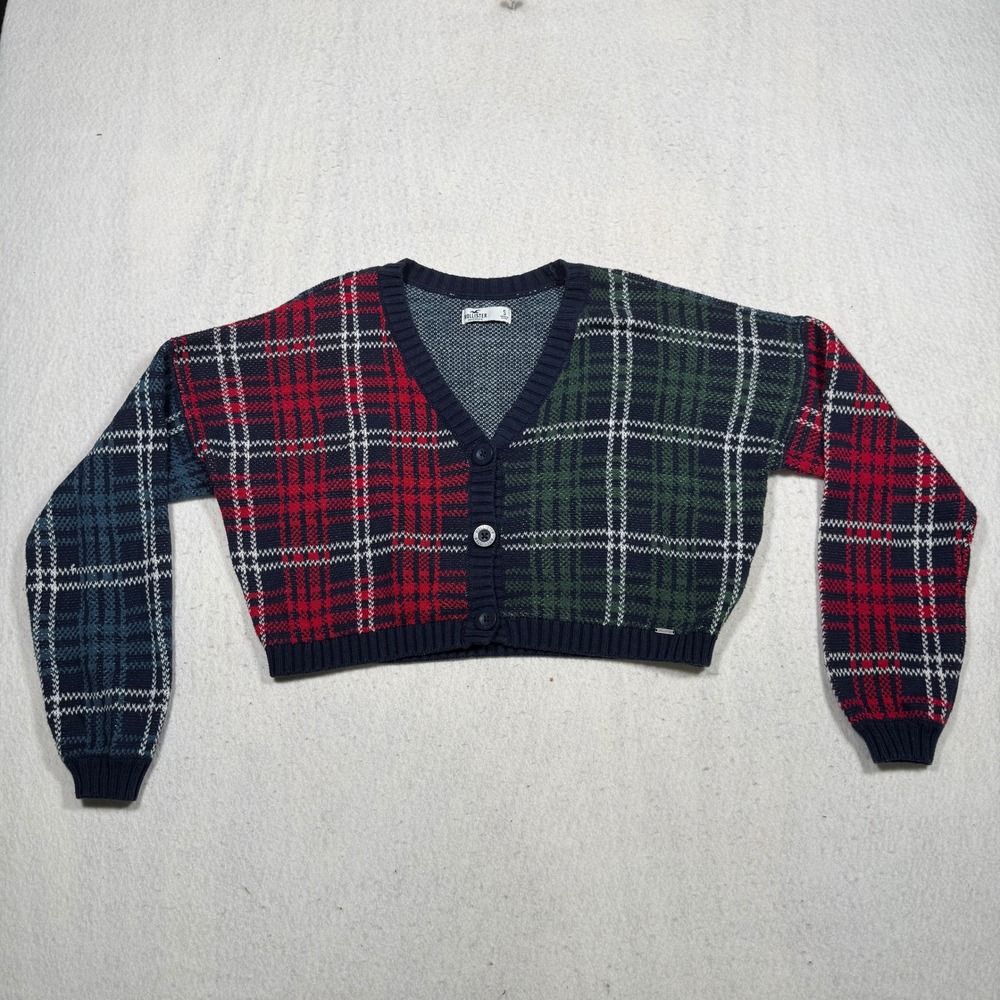 Hollister Colorblock Plaid Cropped Cardigan Sweater Navy Red Green Small